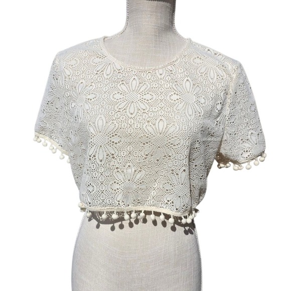 Lace Crop Top Pom Pom Trim Short Sleeve Bohemian Festival Cover Up Size S - Picture 2 of 5
